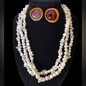 Vintage Freshwater Pearls & Amethyst Estate Necklace and Earrings SET